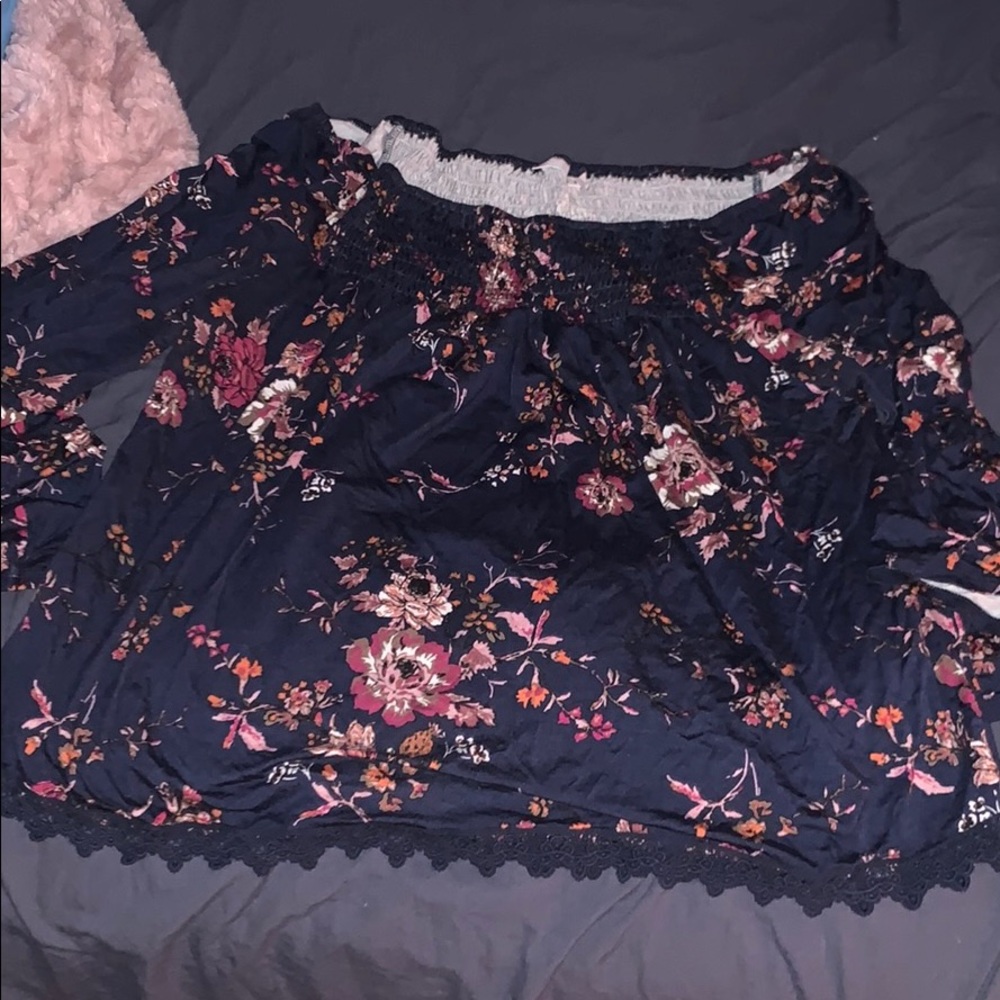 Blue and flower peasant top off the shoulder